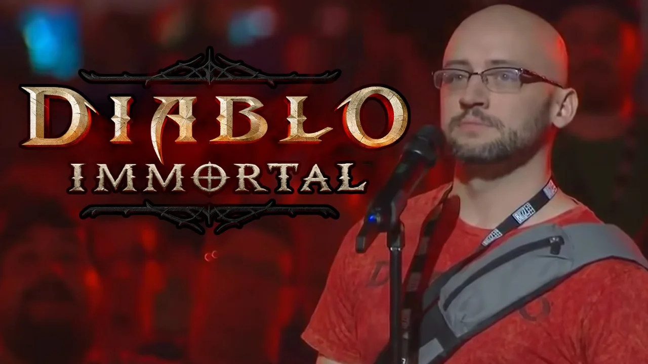 BlizzCon attendee in a red shirt questioning the Diablo Immortal announcement