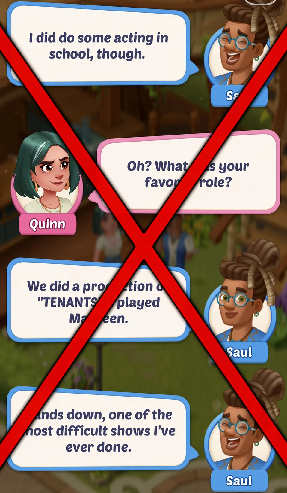 Casual game dialogue screenshot crossed out with a red X.