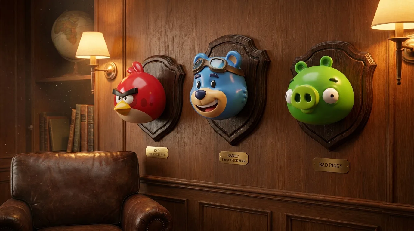 Three colorful game-character trophies mounted on wooden plaques in a warmly lit study.