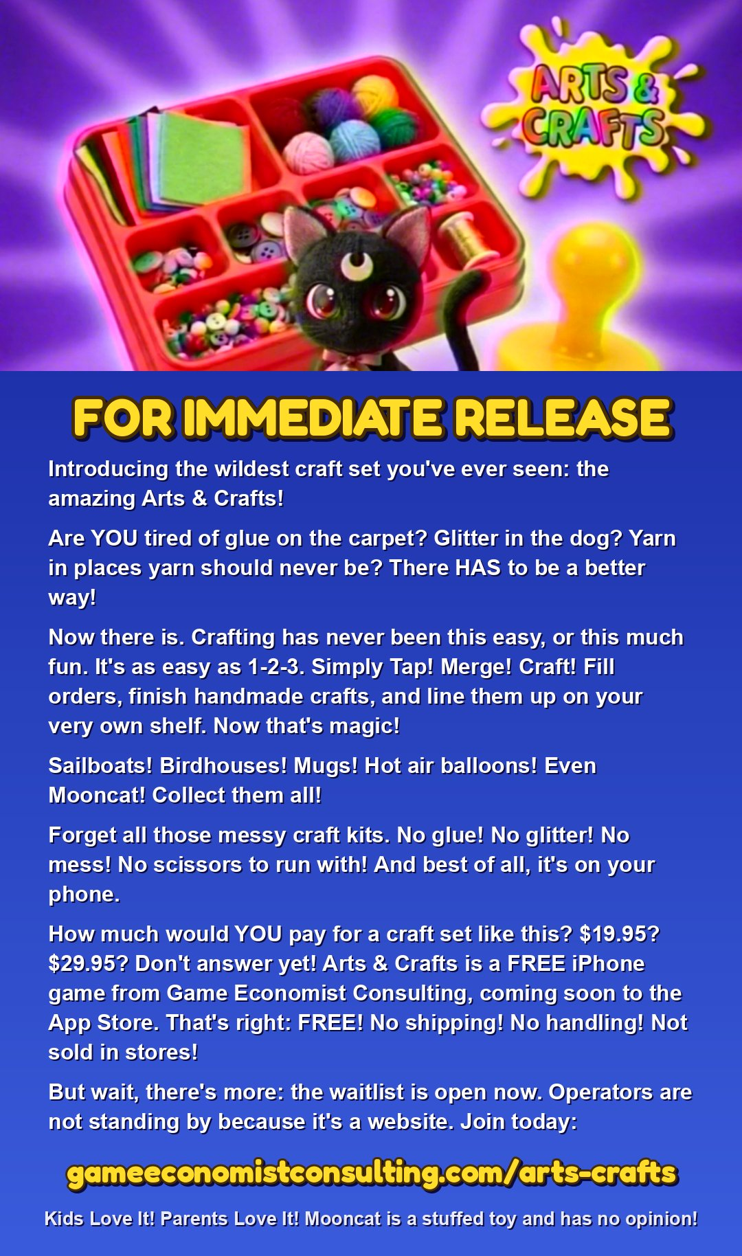 Arts & Crafts press-release poster featuring Mooncat beside a colorful craft kit.